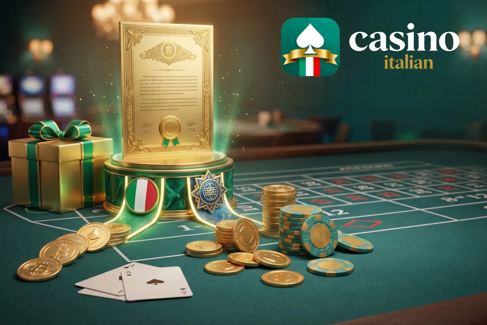 Cosa si intende per nuovo casino online in Italia, presentato su un tavolo da roulette con certificato dorato, coccarda italiana, regalo e criptovalute.